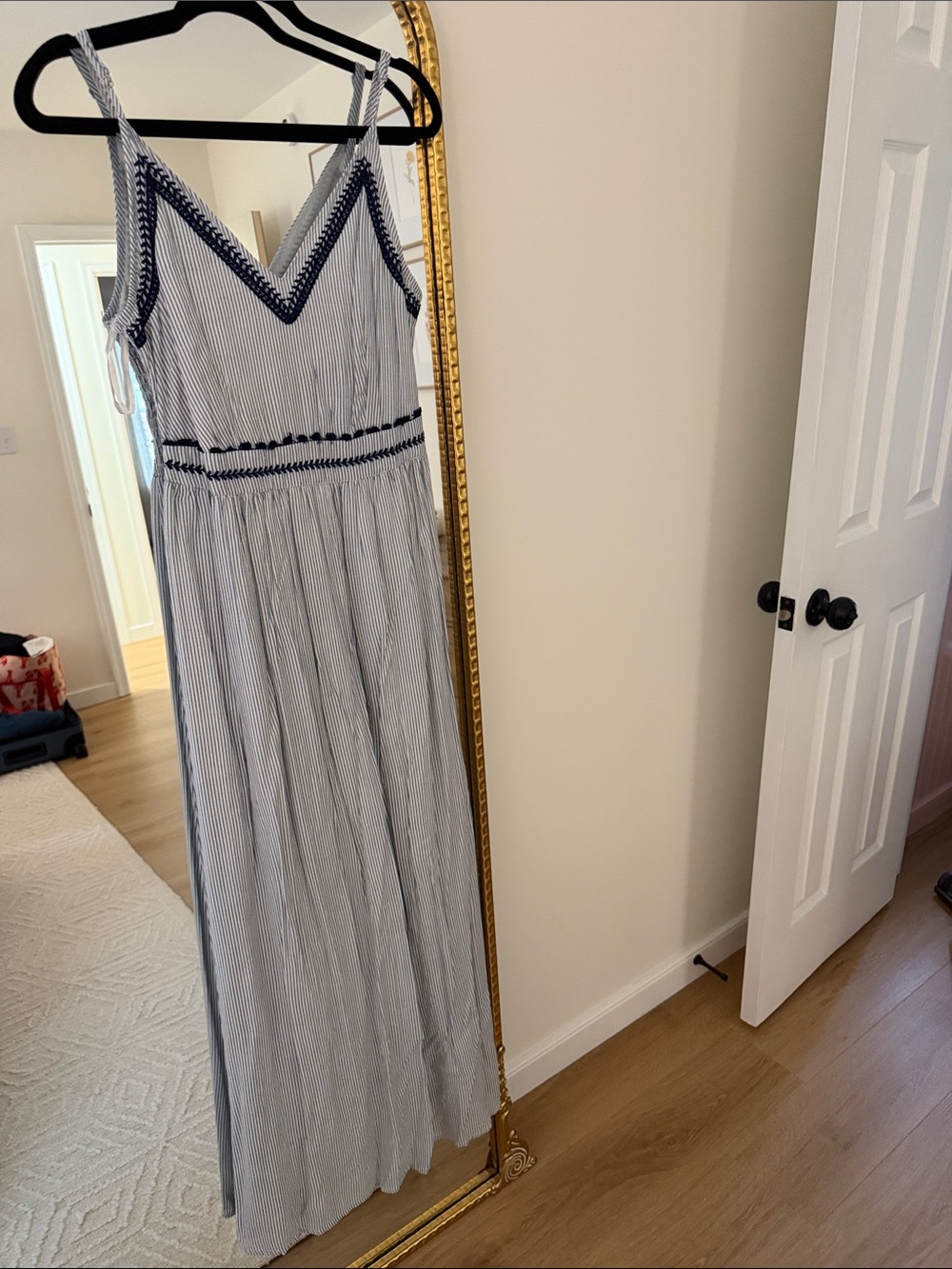 Striped Blue & White Maxi Dress with Navy Trim